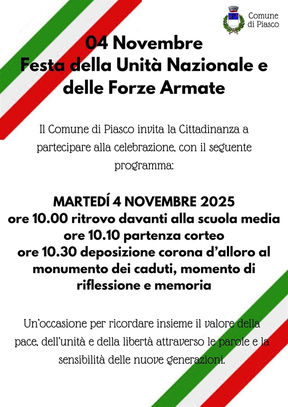 Piasco celebra il 4 Novembre: Festa dell’Unità Nazionale e delle Forze Armate