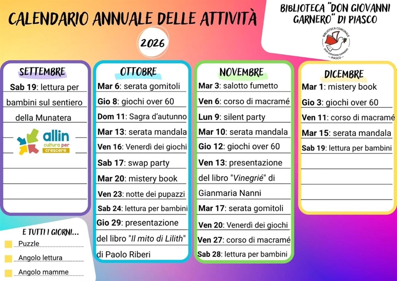 Biblioteca “Don Giovanni Garnero”: un nuovo anno di appuntamenti a Piasco